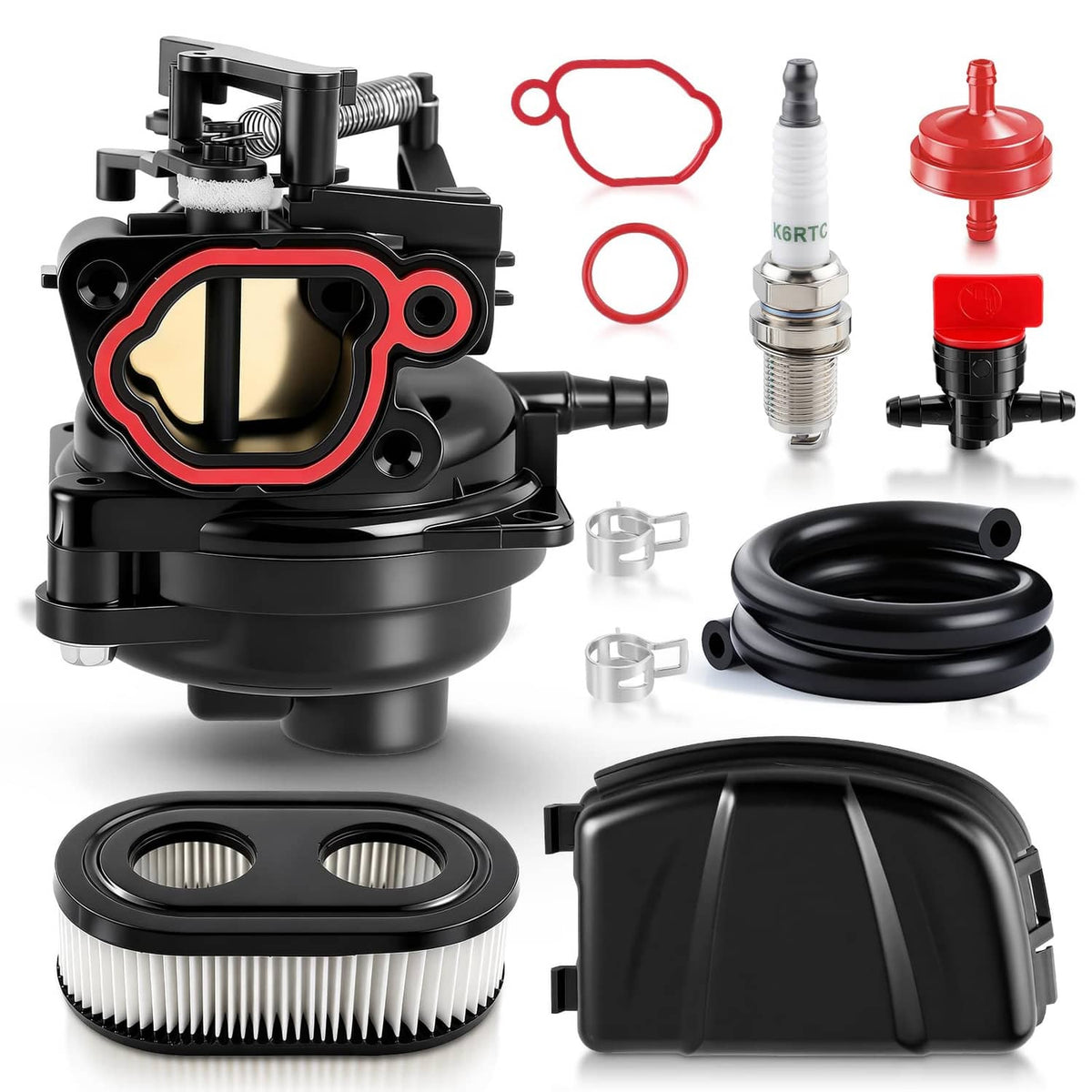 Carburetor assembly with red gasket ring, intake port, and attached hoses and spark plug