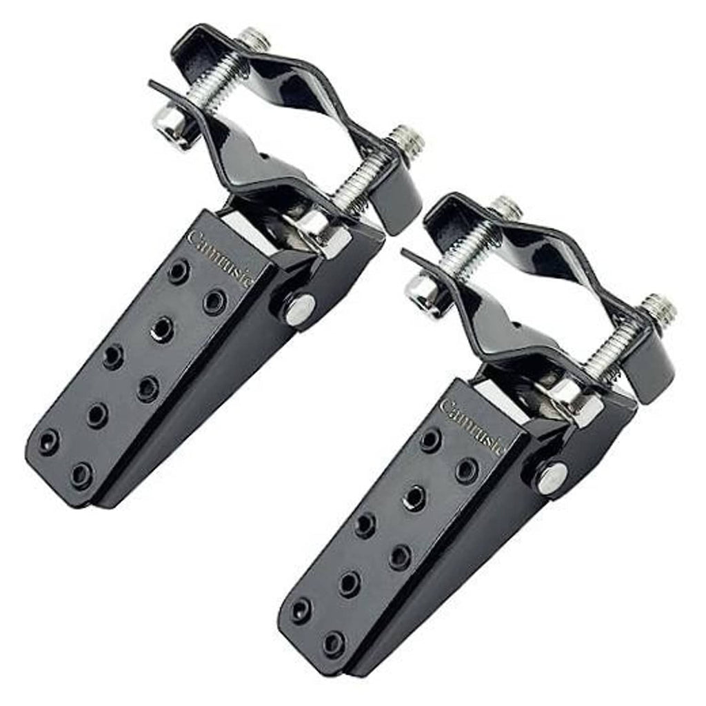 Pair of universal motorcycle foot pegs with black plates and silver mounting brackets