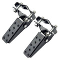 Pair of universal motorcycle foot pegs with black plates and silver mounting brackets