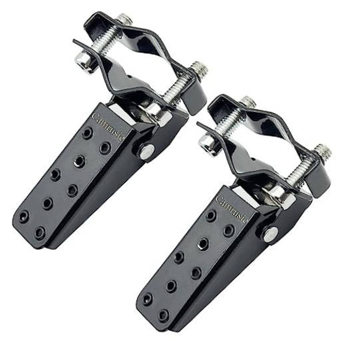Pair of universal motorcycle foot pegs with black plates and silver mounting brackets