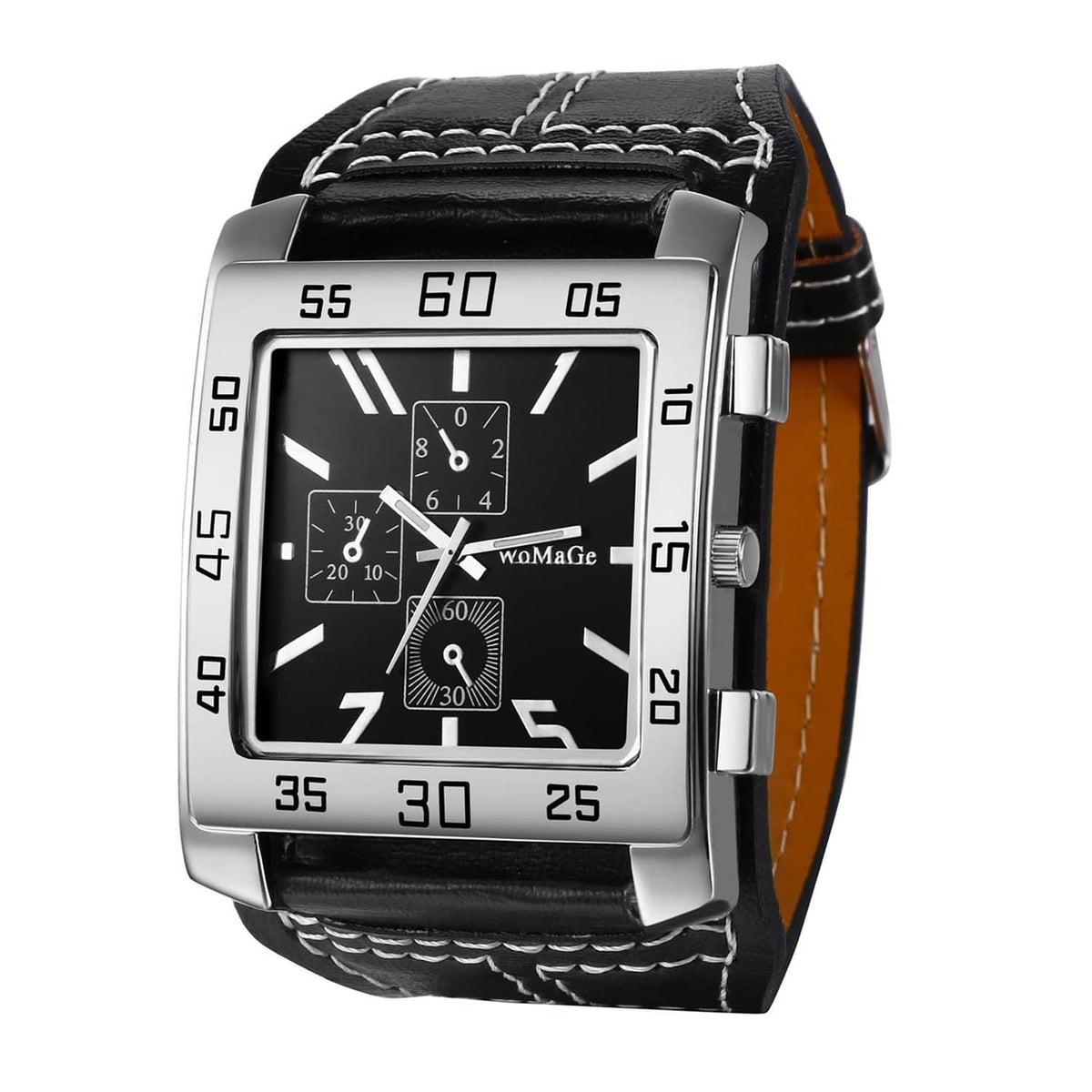 Men's square wristwatch with black dial, silver case, and braided black leather strap