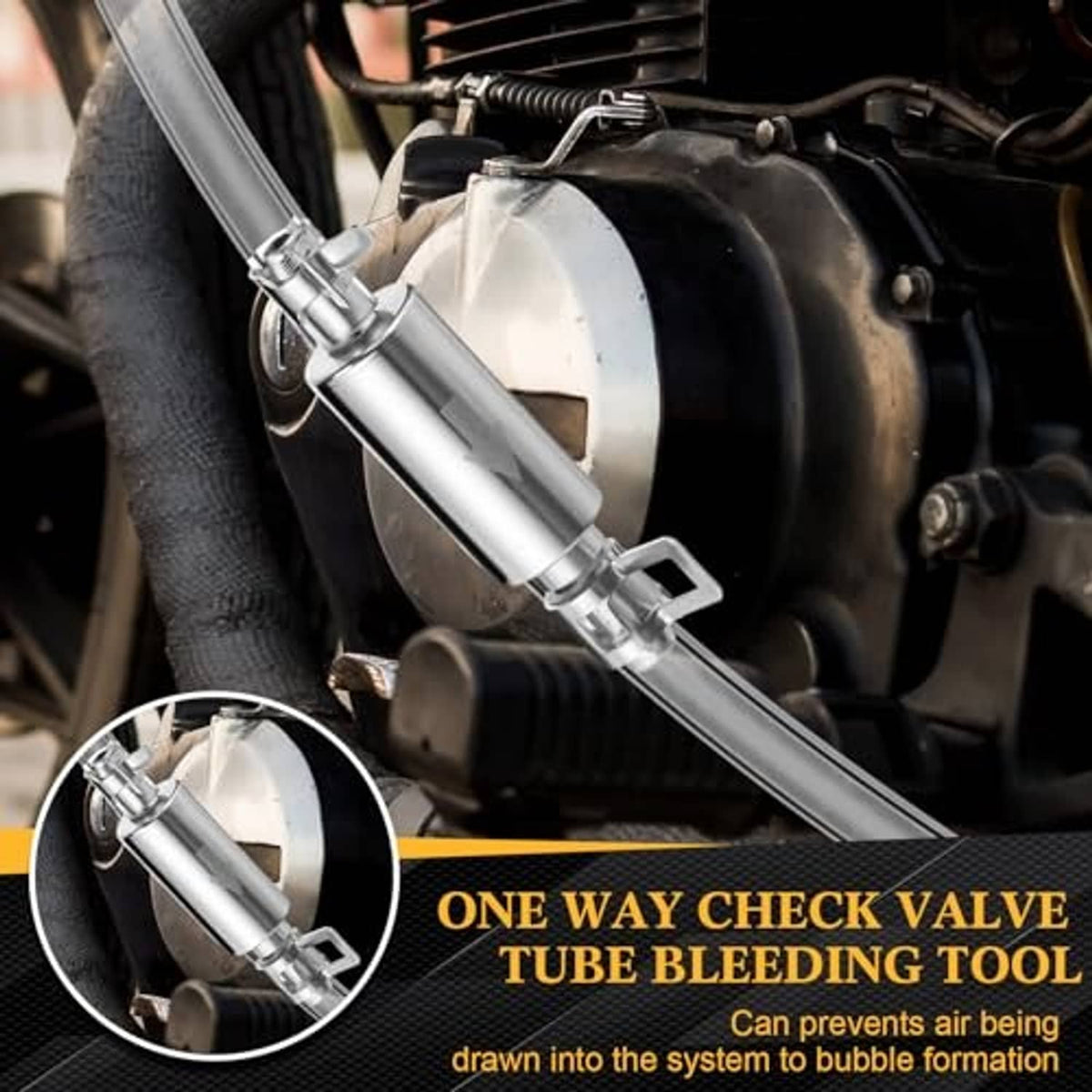 Brake bleeding kit adapter with one-way check valve tube and syringe connection on engine