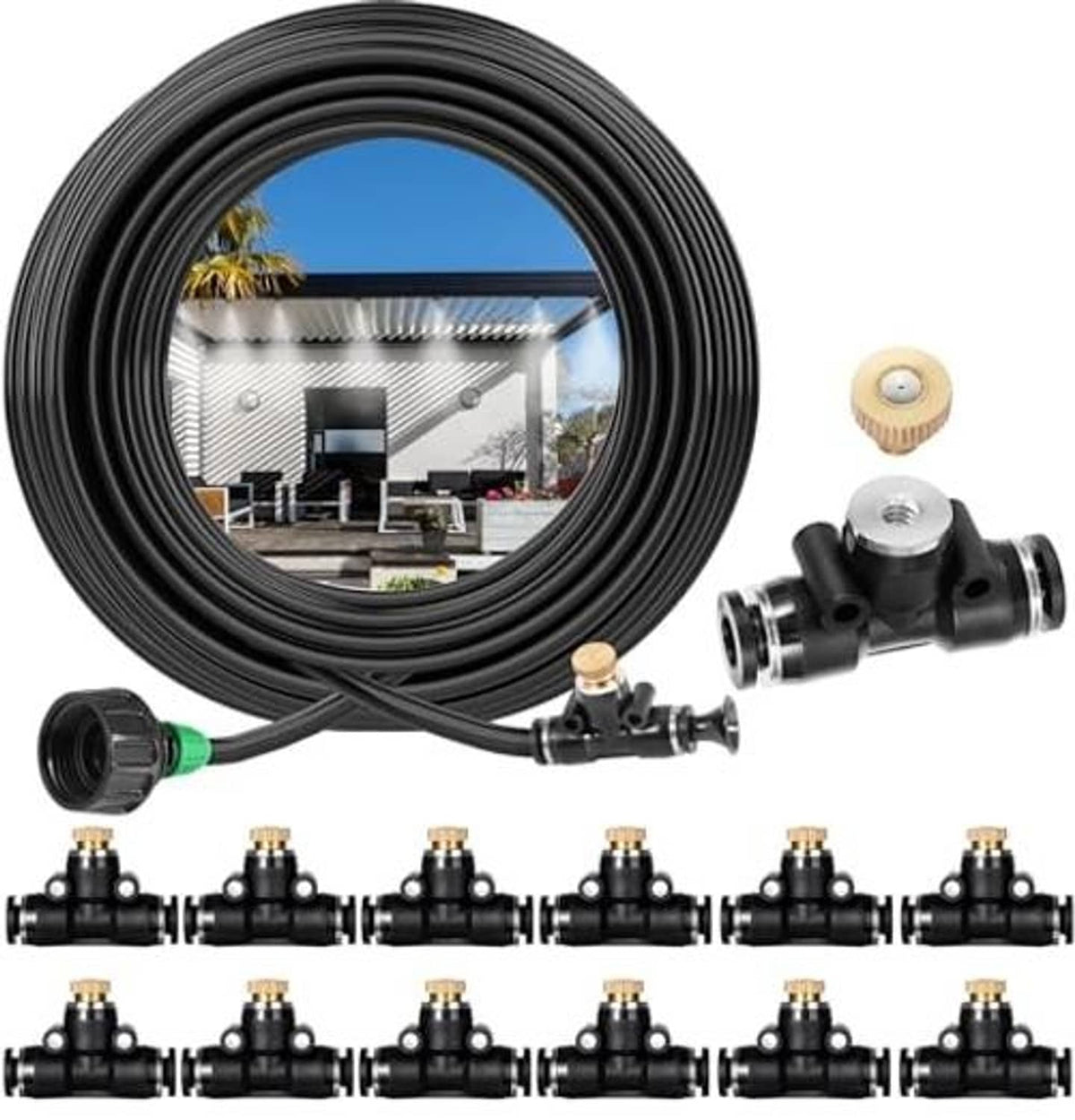 Outdoor misting hose kit coil with black manifold and brass-tip nozzle connectors