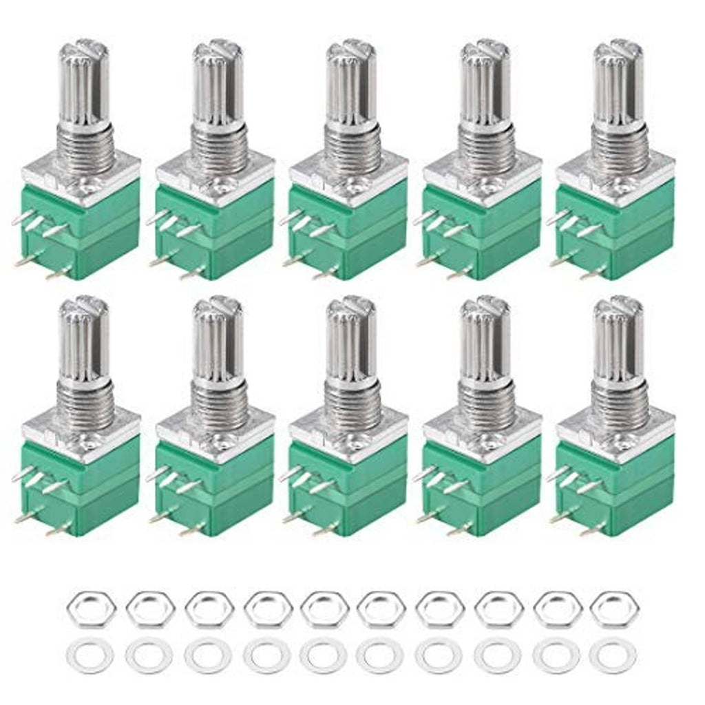 Rotary potentiometer with switch kit, green base, metal shaft, mounting nuts and washers