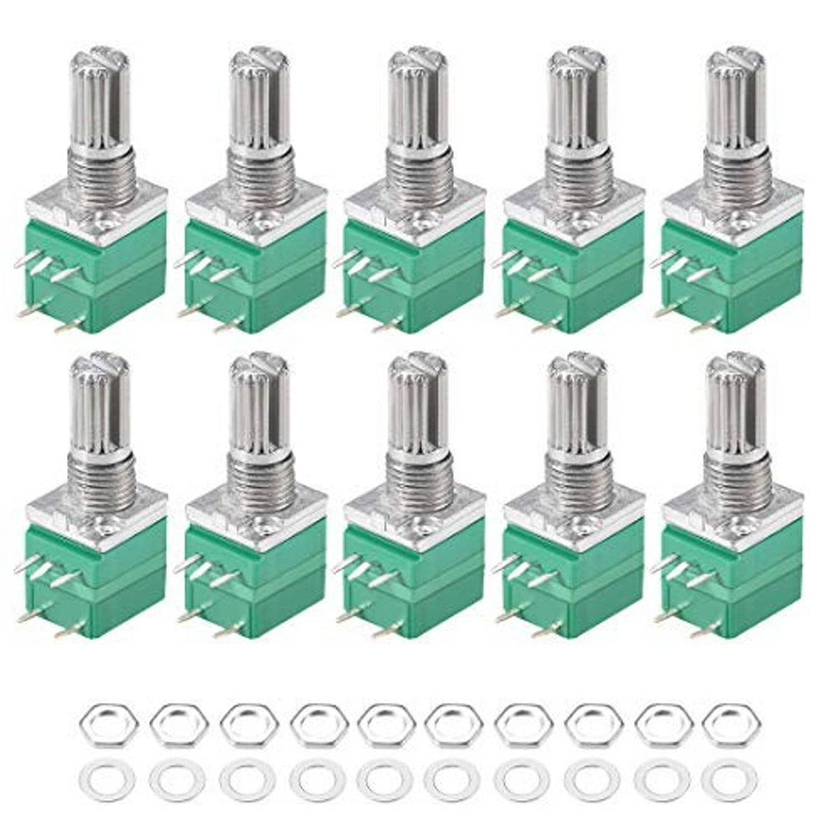 Rotary potentiometer with switch kit, green base, metal shaft, mounting nuts and washers