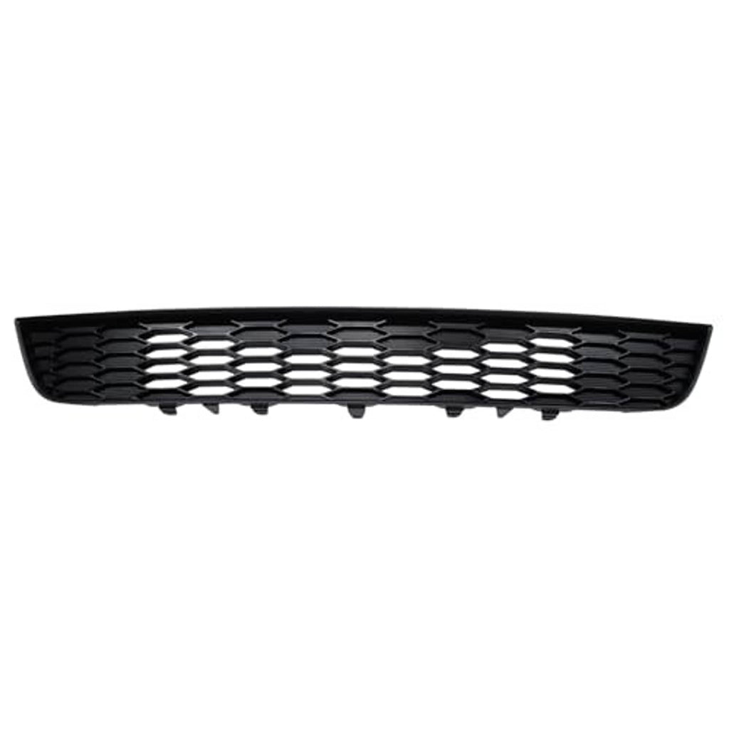Black front bumper lower grille with hex mesh pattern and center bar openings