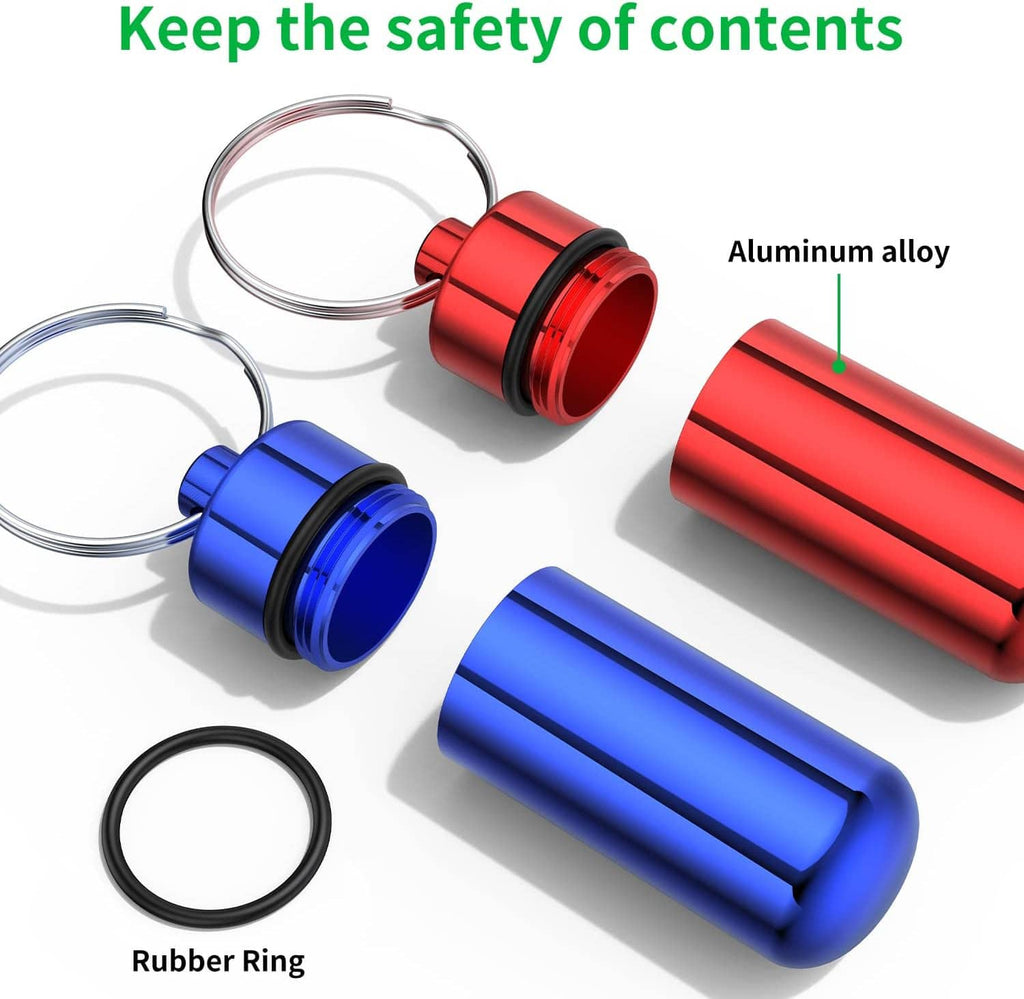 Small aluminum pill cases in red and blue with metal ends and rubber sealing ring.