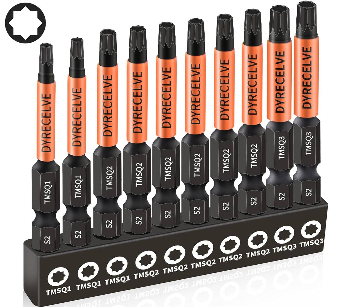 Assorted Torx and double-square bits in black base tray, orange/black handles with size labels