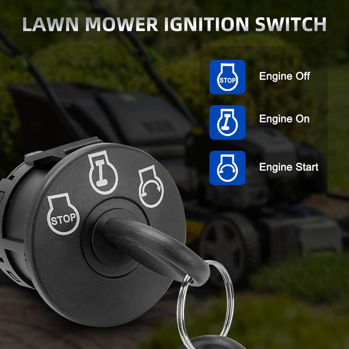 Black lawn mower ignition switch with key ring and engine control icons