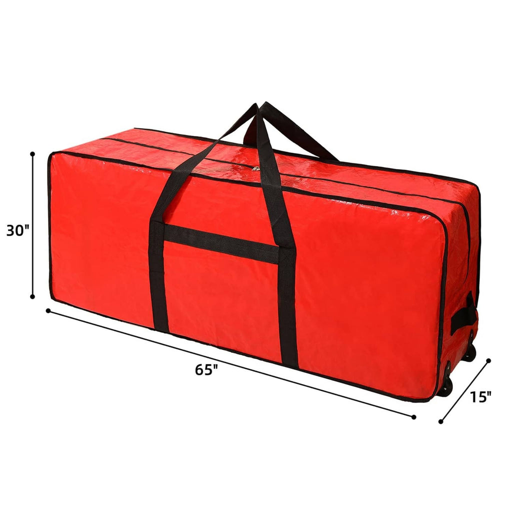 Red tree storage bag with black straps, wheels, and visible size measurements