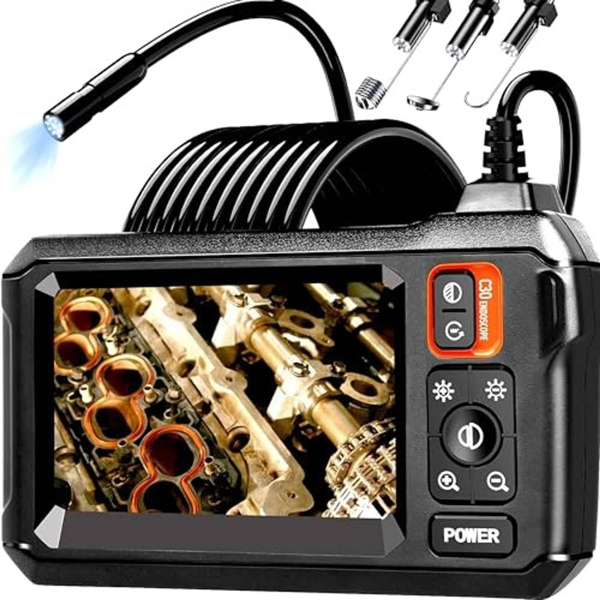 Portable endoscope camera showing live viewing screen of detailed engine parts, black control unit