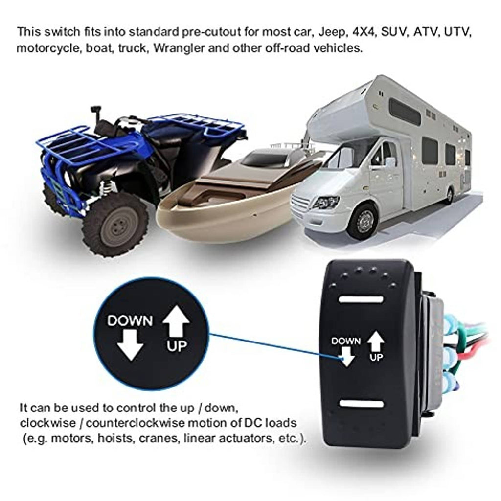 Illuminated polarity reversing rocker switch for DC motors, shown with vehicle applications