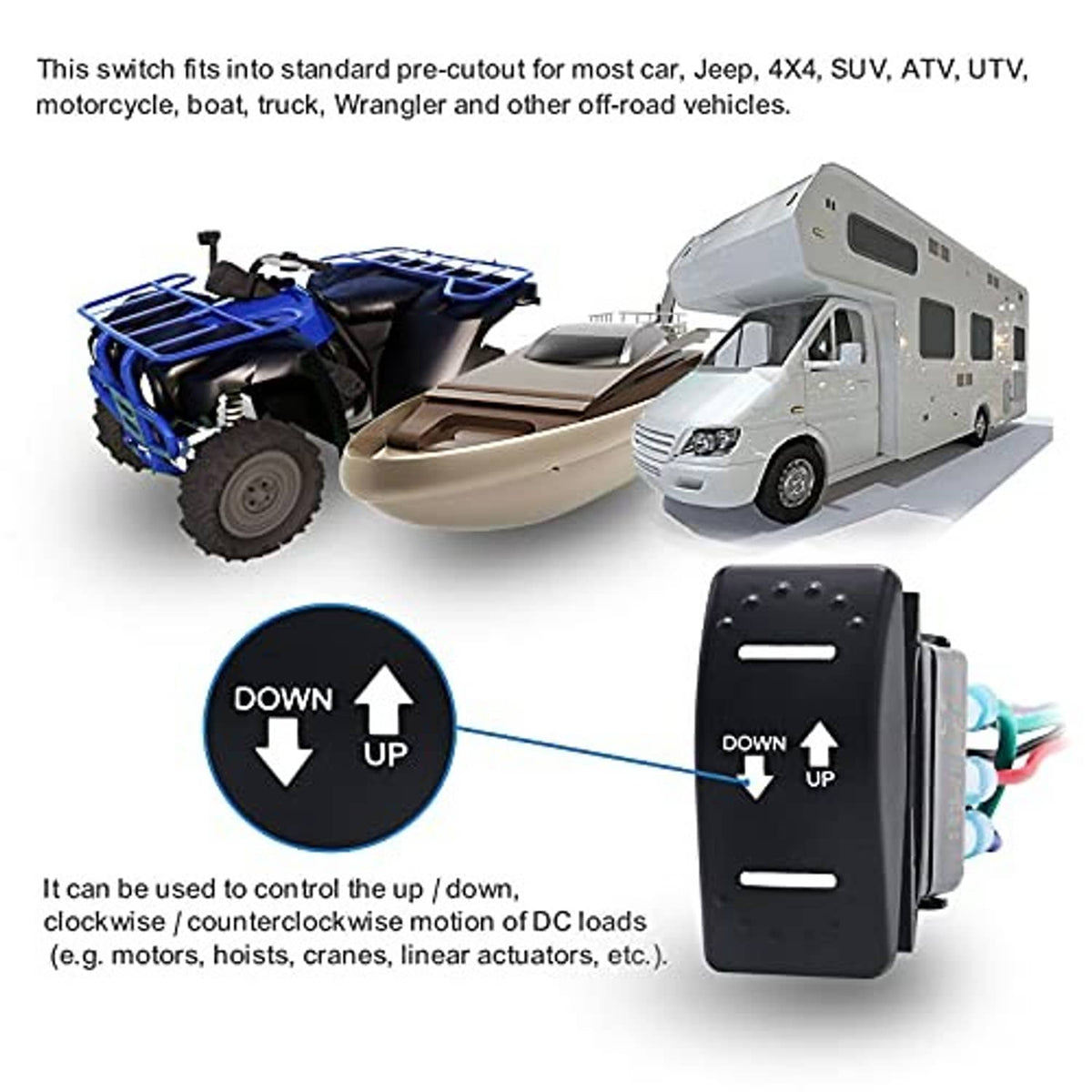 Illuminated polarity reversing rocker switch for DC motors, shown with vehicle applications