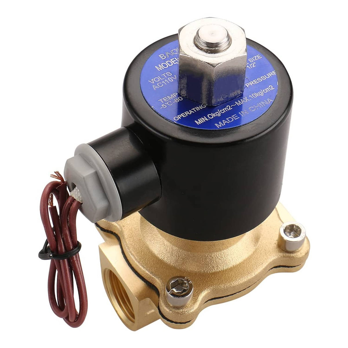 1/2 inch brass electric solenoid valve with black coil and red wire leads