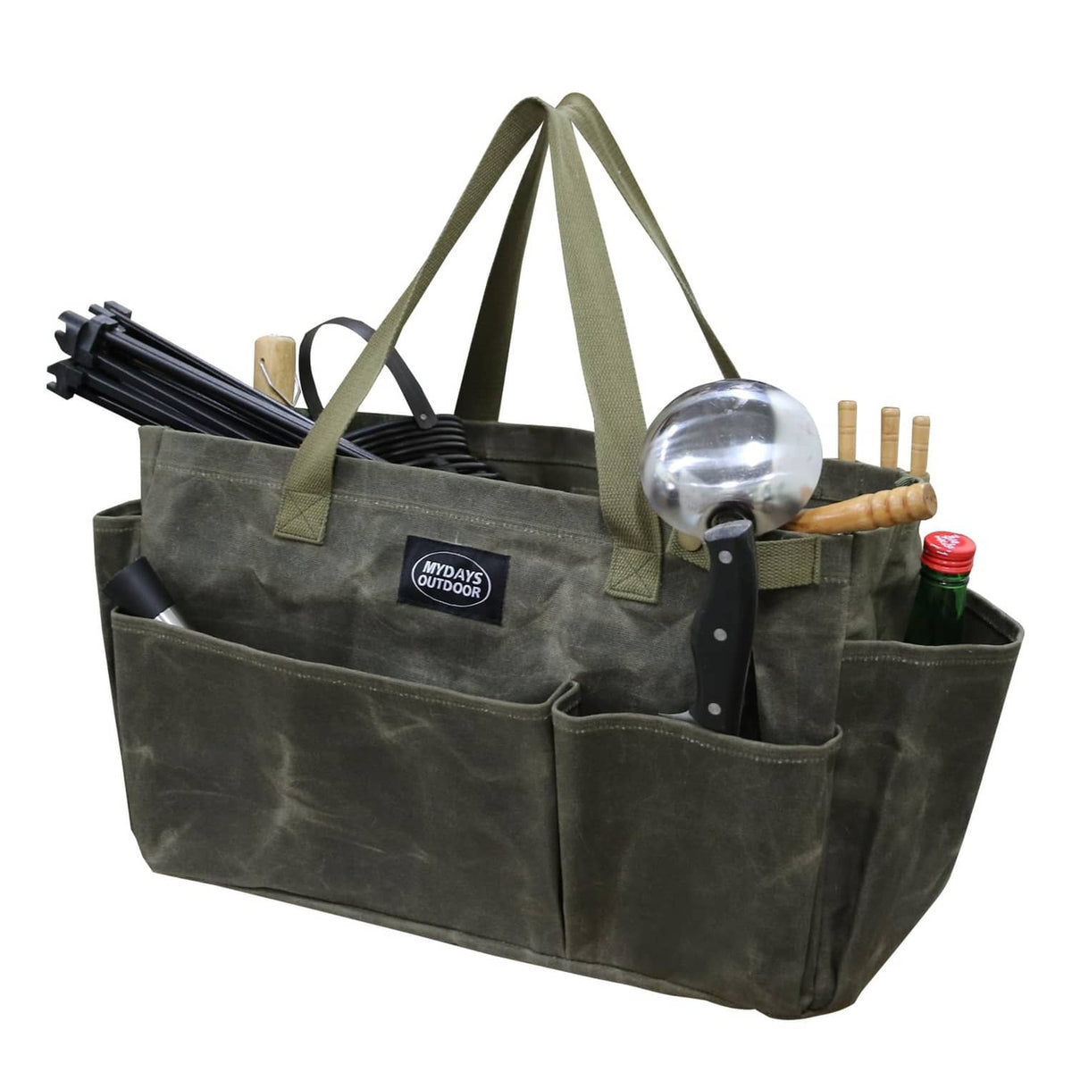 Large army green tool organizer tote with front pockets holding gardening tools