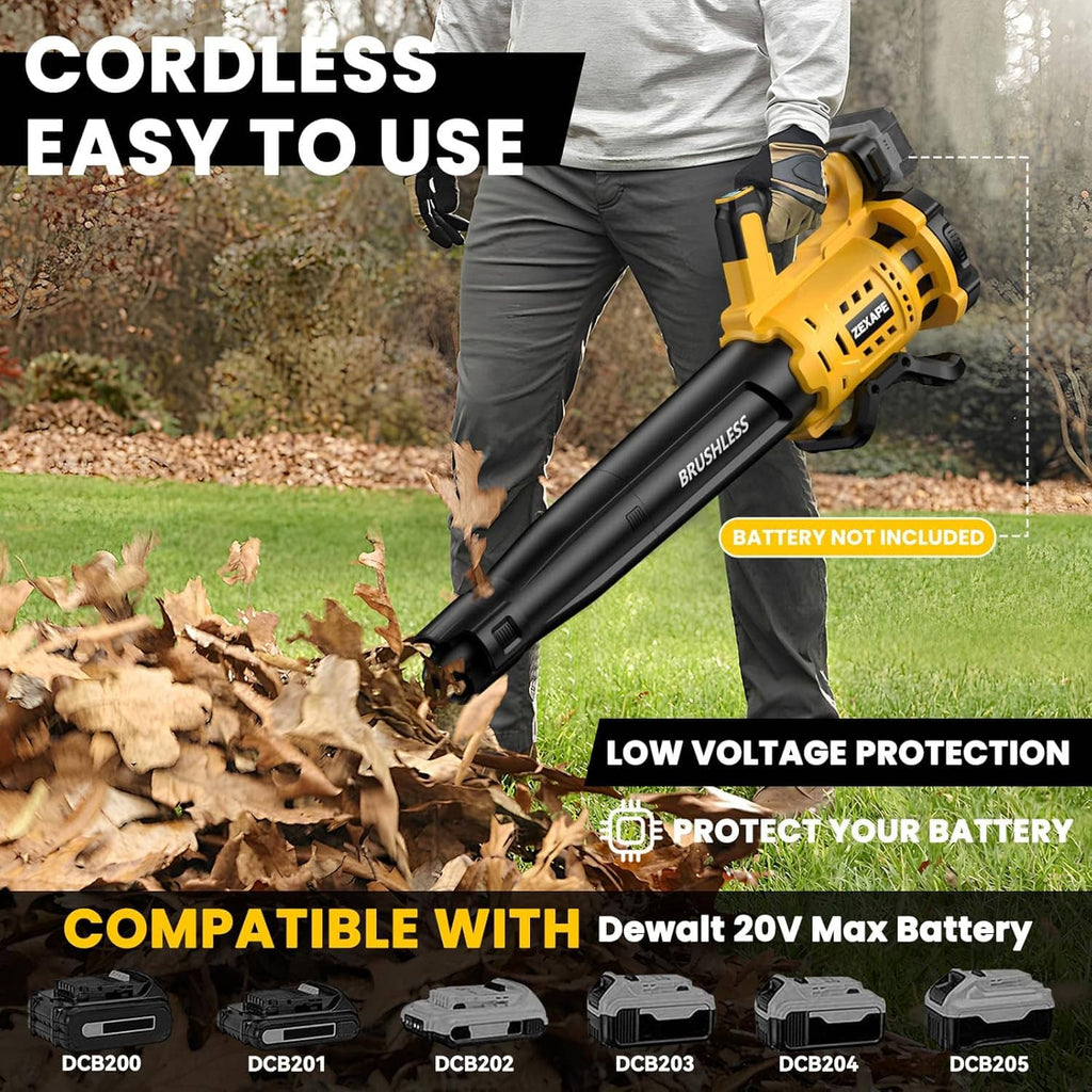 Cordless leaf blower with black tube and yellow body for yard cleanup