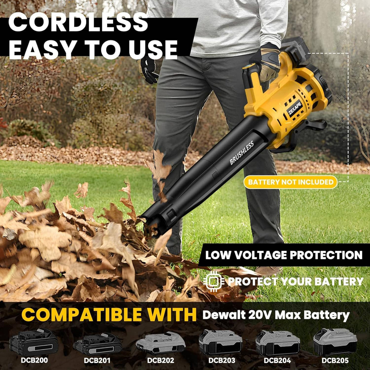 Cordless leaf blower with black tube and yellow body for yard cleanup