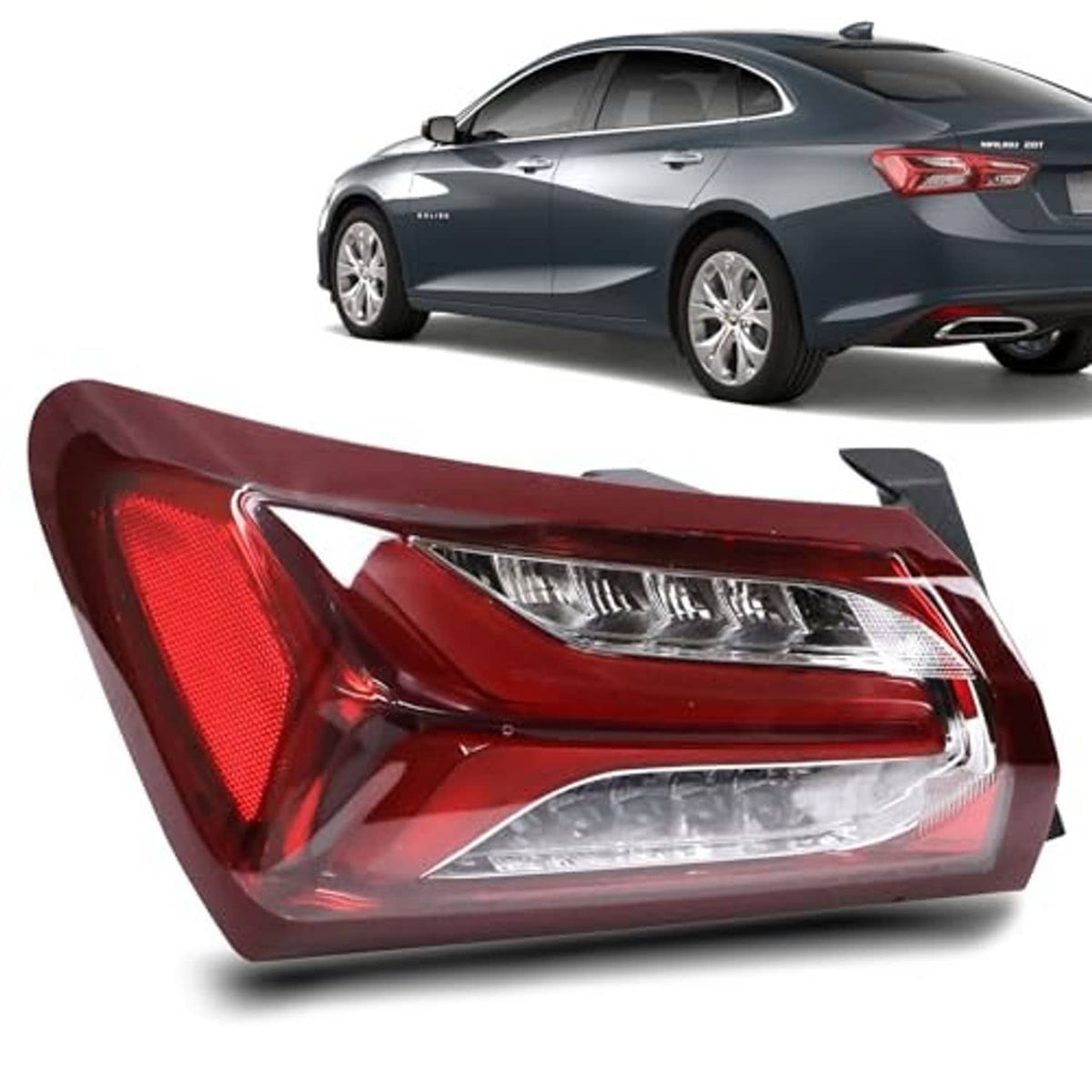 Left driver side LED tail light assembly with red lens and clear inner reflector