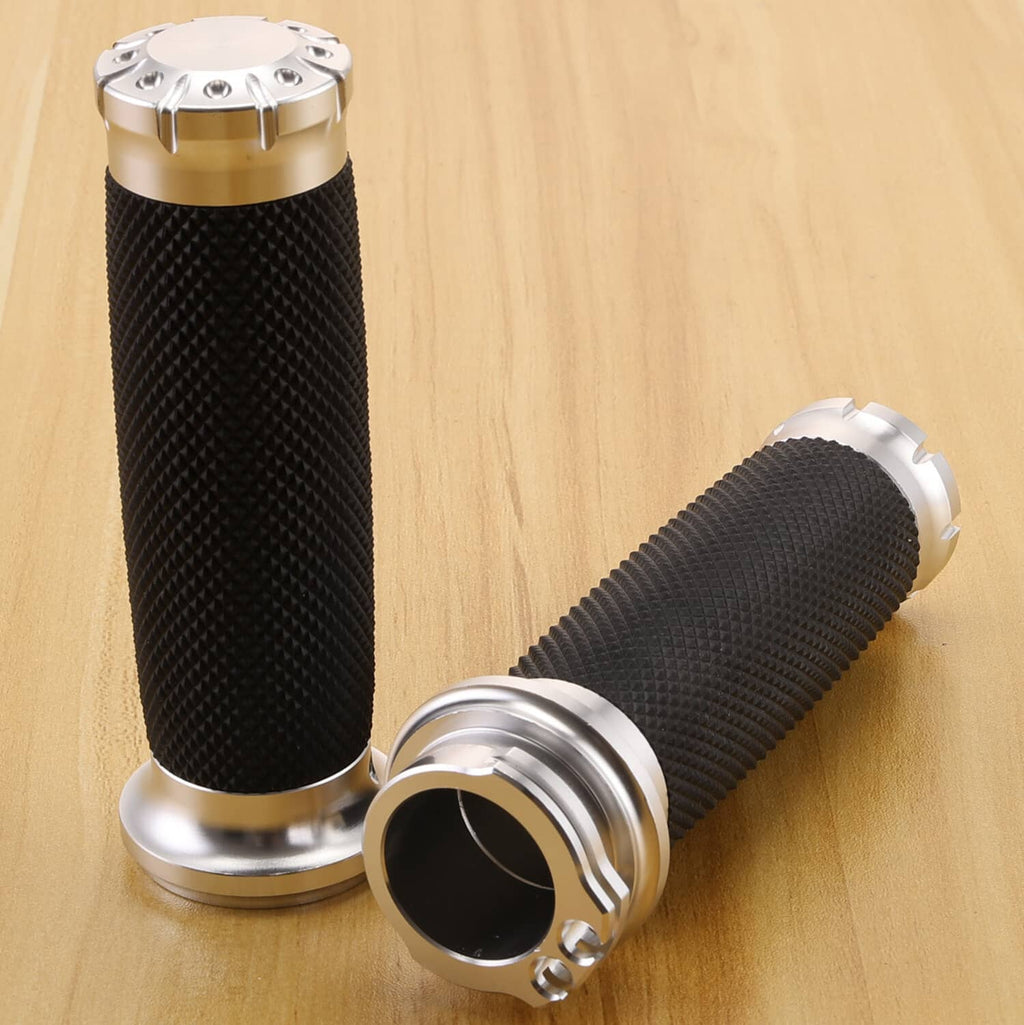 Motorcycle handlebar grips with black textured rubber and chrome end caps