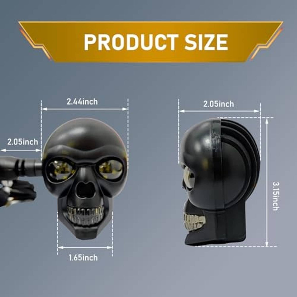 Black skull motorcycle turn signal light shown front and side with LED lens