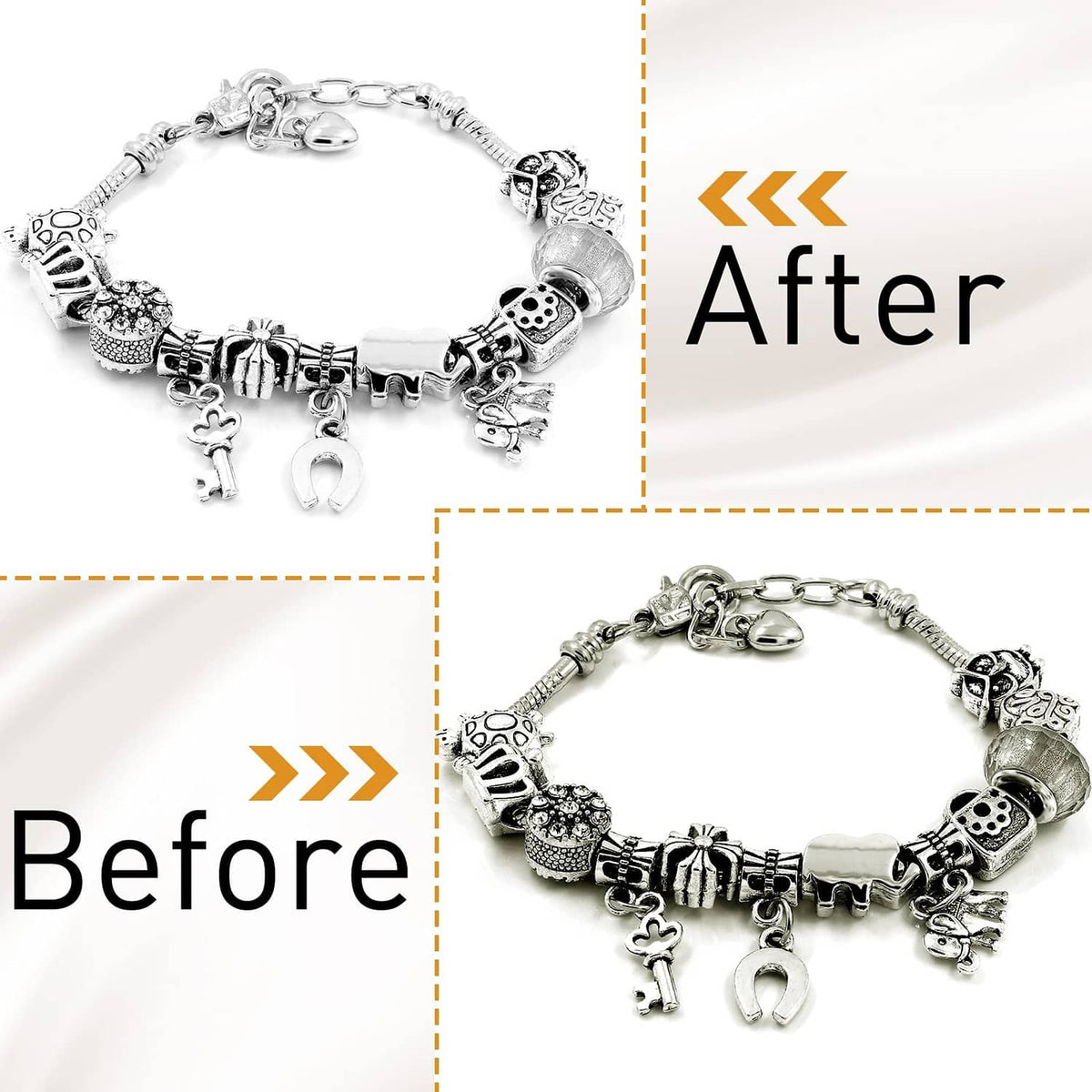 Restored silver charm bracelet with heart and skull charms after cleaning