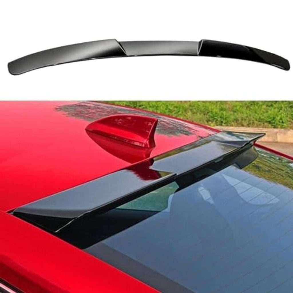 Glossy black roof lip spoiler wing installed on car rear window roof edge