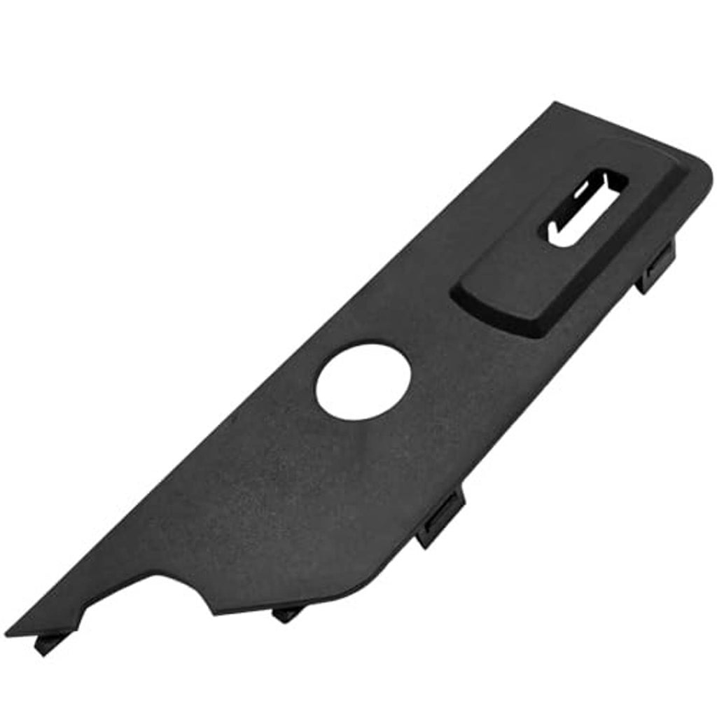 Dark gray seat switch trim bezel panel with circular hole, U-shaped slot, and mounting tabs