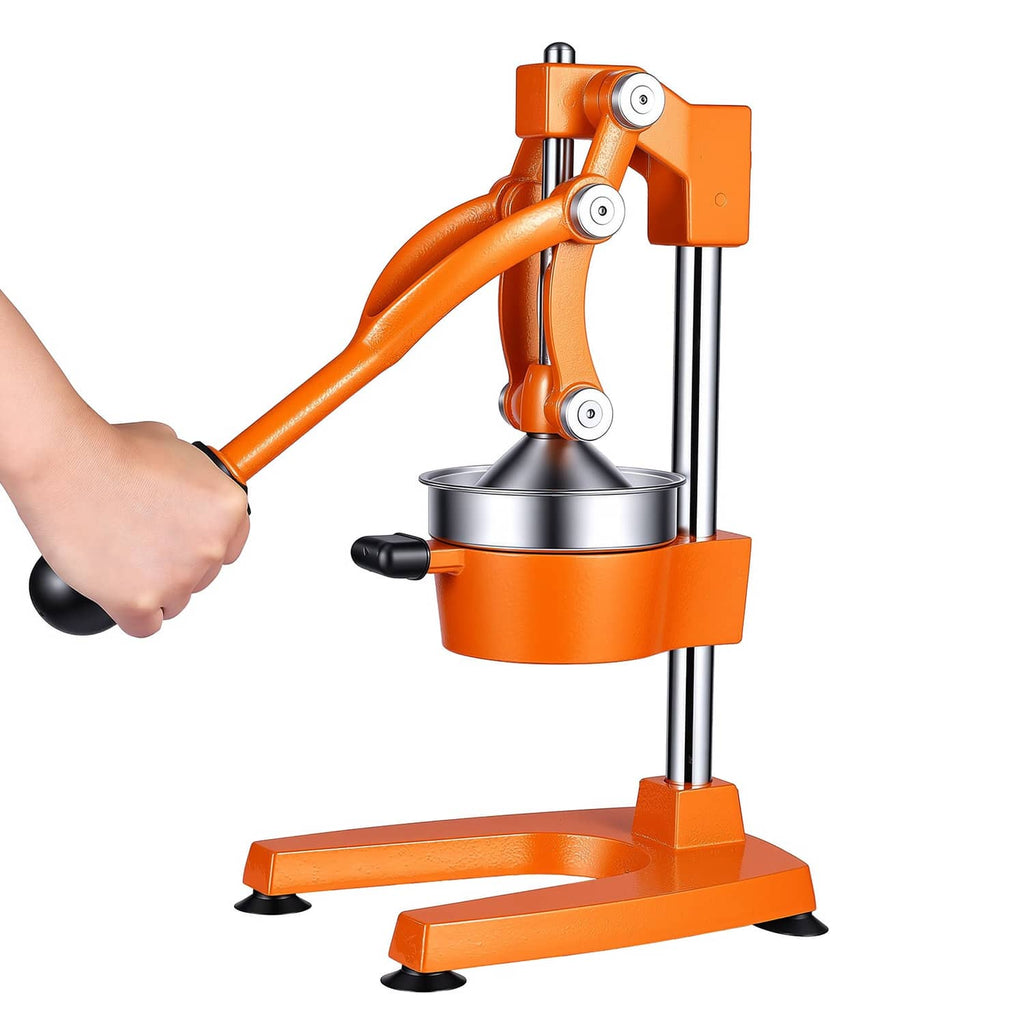 Manual citrus juicer in orange with tall stand, foot base, and lever handle
