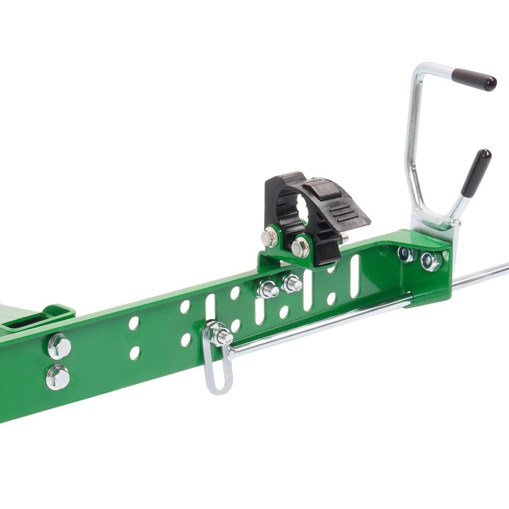 Green metal trimmer rack holder with black clamp mount and curved handle bar