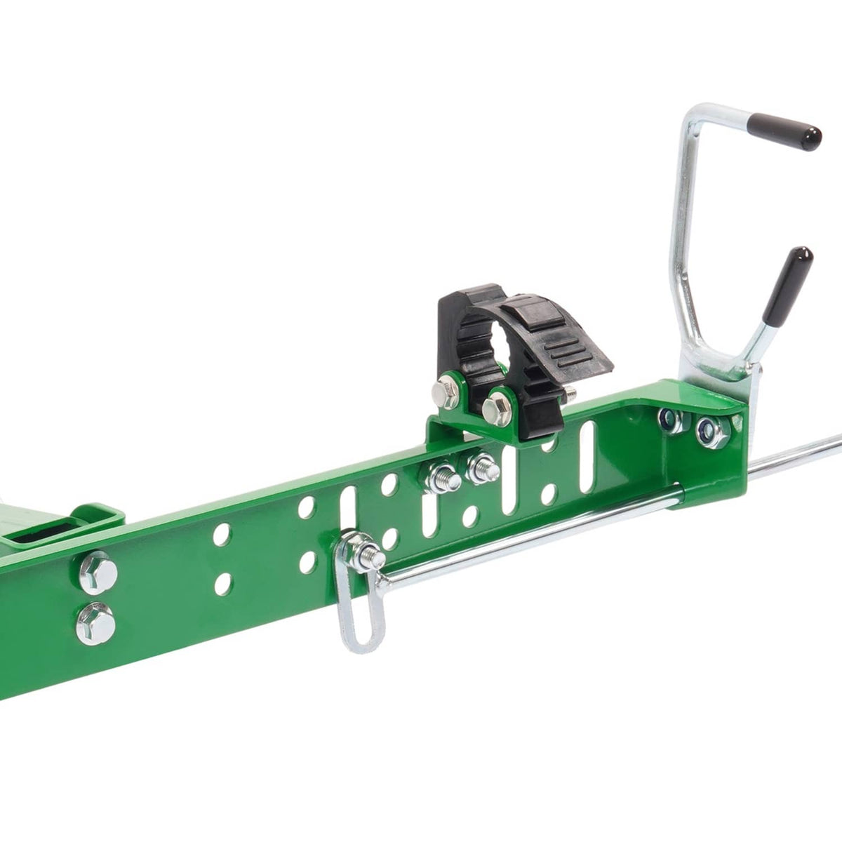 Green metal trimmer rack holder with black clamp mount and curved handle bar