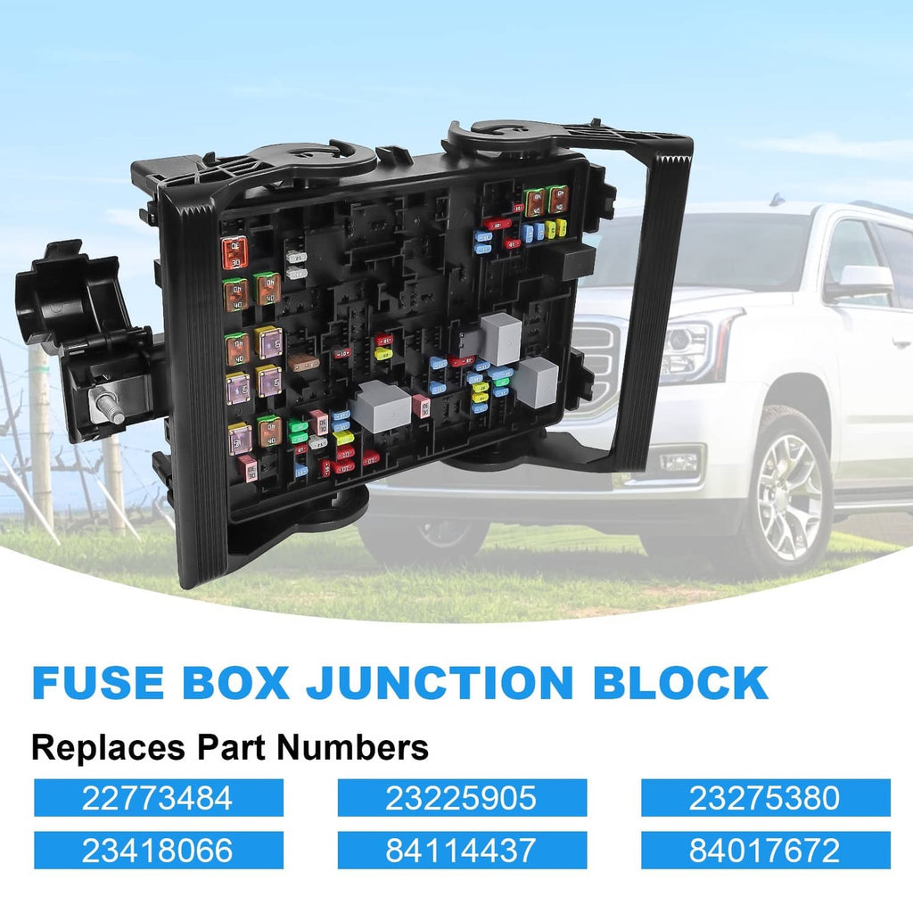 Fuse box junction block with open frame showing colored fuse modules and terminals