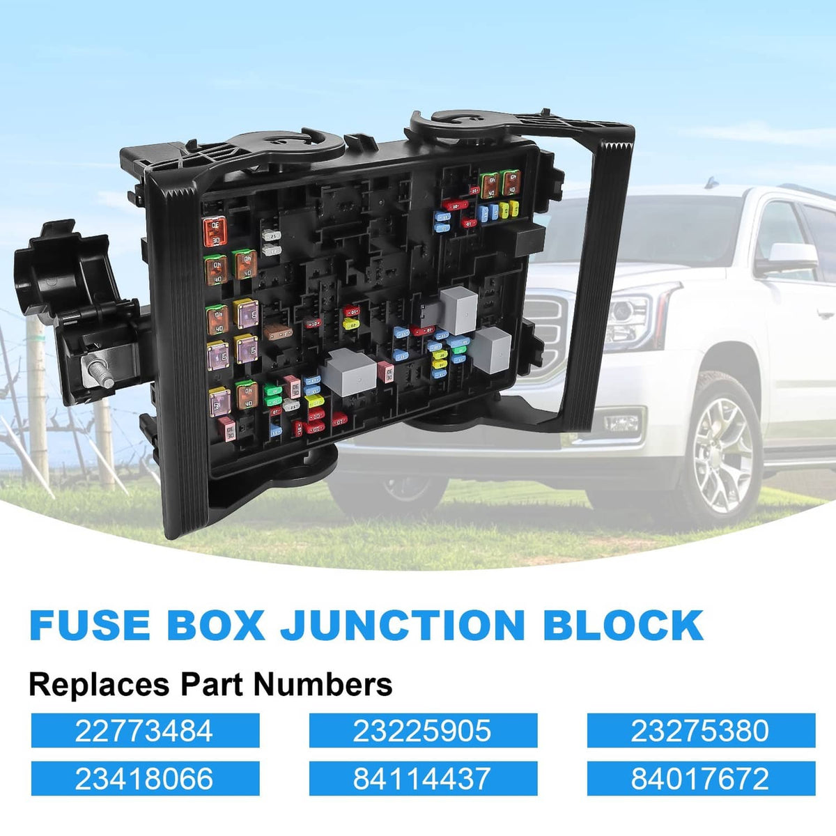 Fuse box junction block with open frame showing colored fuse modules and terminals