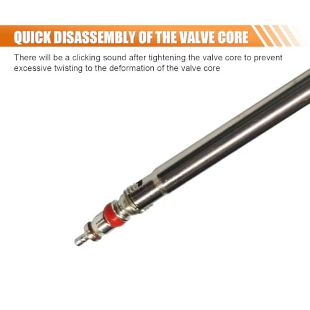 Tire valve core torque tool with black handle, metal shaft, and red-accented fitting