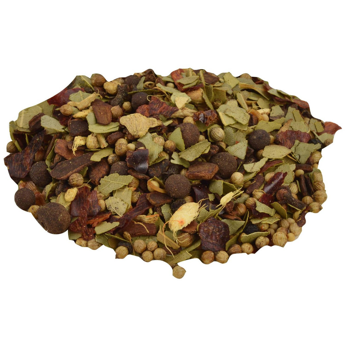 Loose pickling spice blend of small dried spices, herbs, and peppercorns