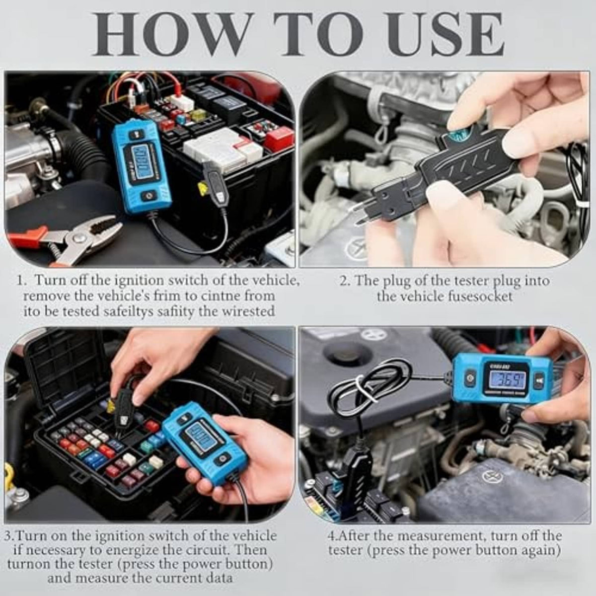 Blue current tester connected to vehicle wiring with screen showing a current value