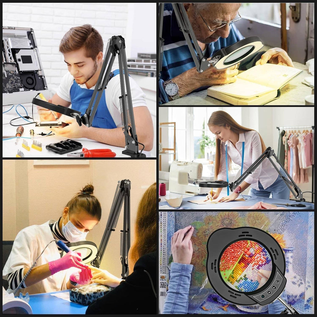 Black desk magnifier lamp used for close-up work with books and artwork