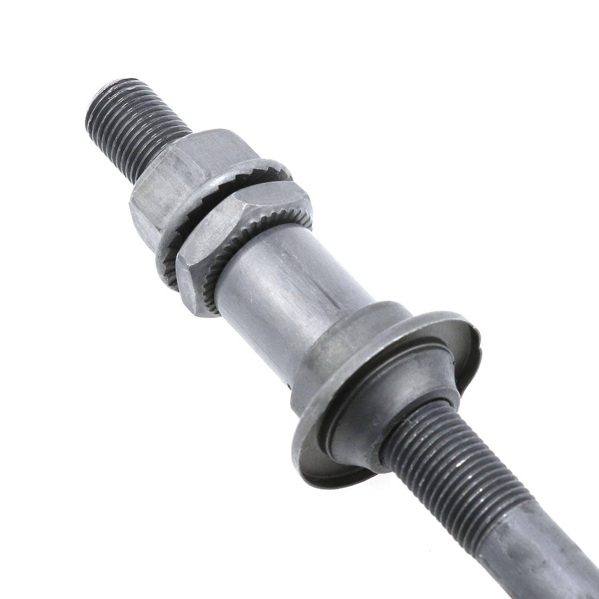Rear hub axle assembly with threaded end, spacer sleeve, and rubber seal ring