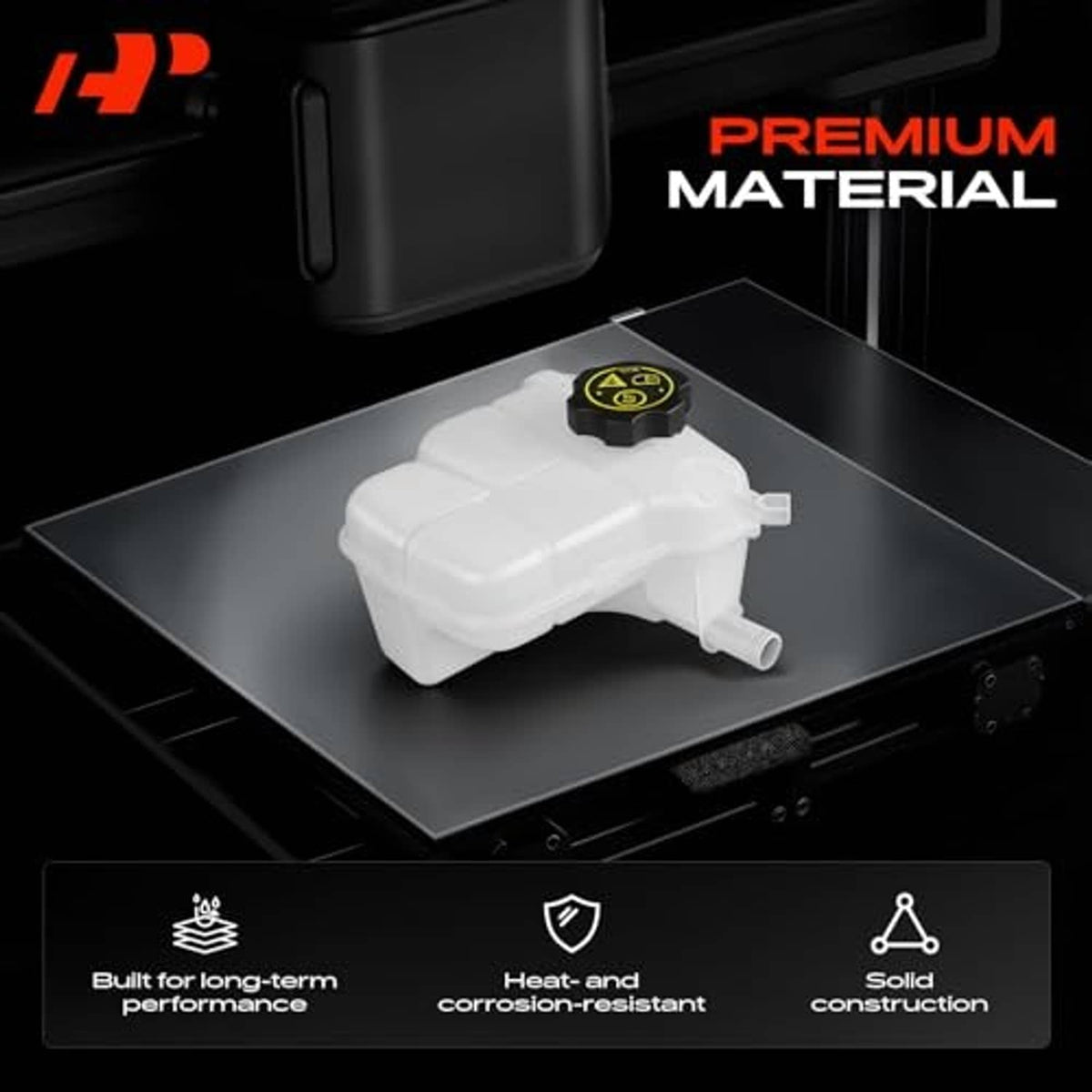 White coolant reservoir tank with sensor cap detail and side outlet connection