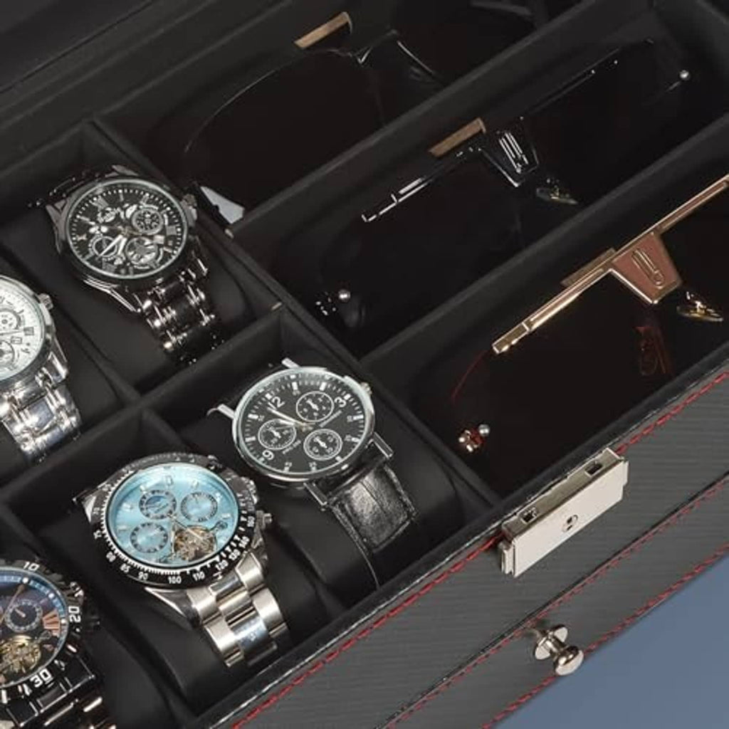 Open black watch organizer with several watches and a strap-and-accessory drawer