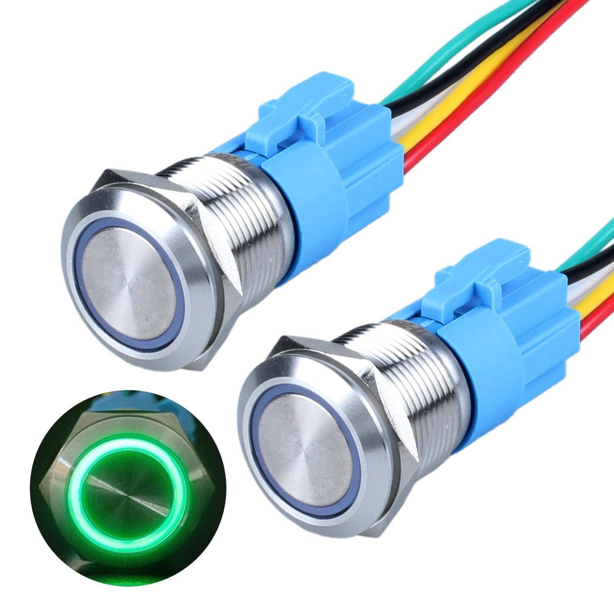 Metal latching push button switch with blue housing, silver ring and green illuminated LED