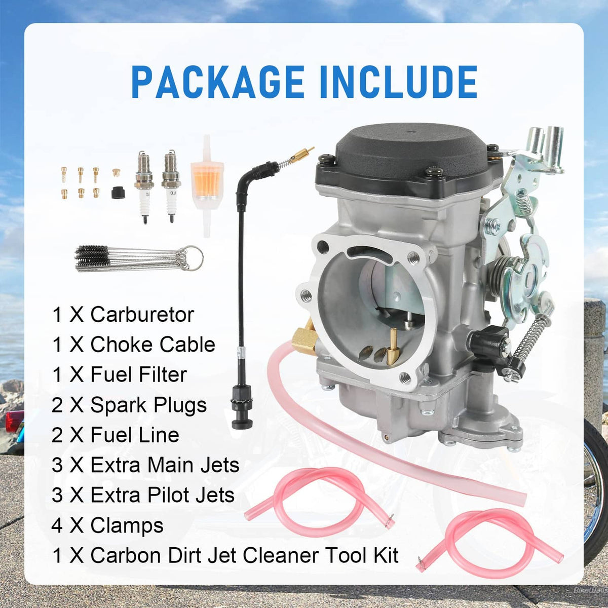 Carburetor kit package with choke cable, spark plugs, fuel lines, jets, and clamps