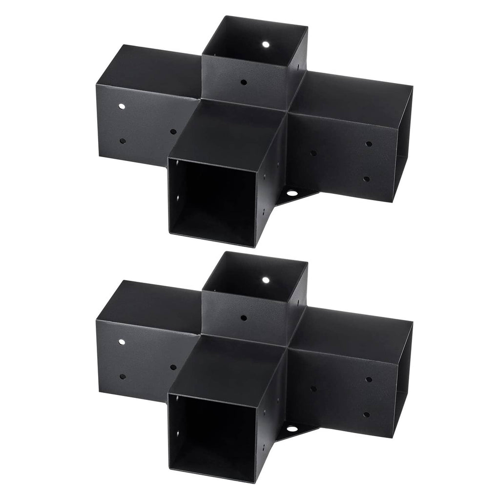Two black 4-way pergola corner brackets with square metal arms and mounting holes