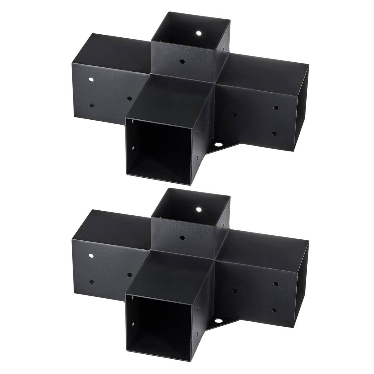 Two black 4-way pergola corner brackets with square metal arms and mounting holes