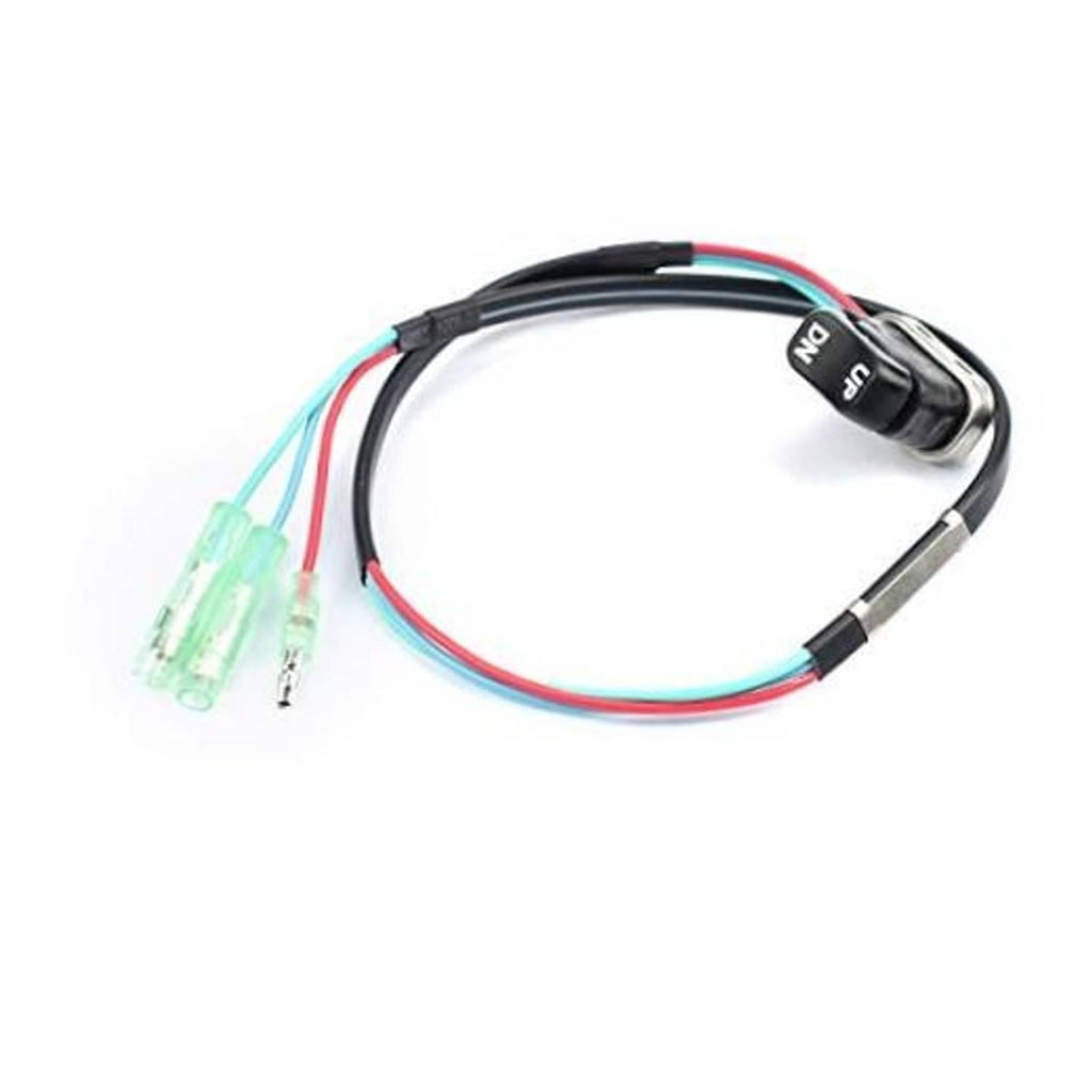 Tilt trim switch wiring harness with black rocker and red/blue/green wires plus connectors