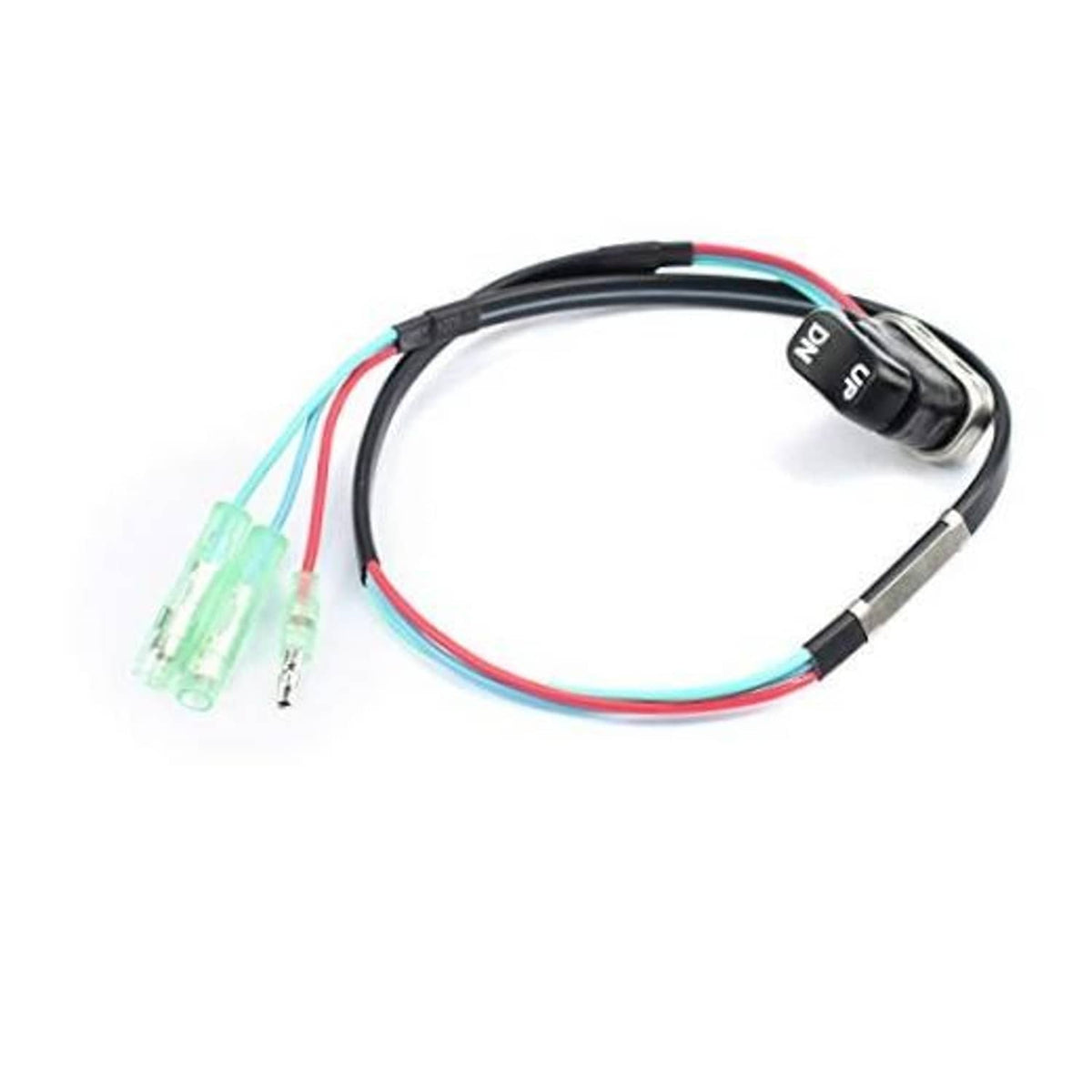Tilt trim switch wiring harness with black rocker and red/blue/green wires plus connectors