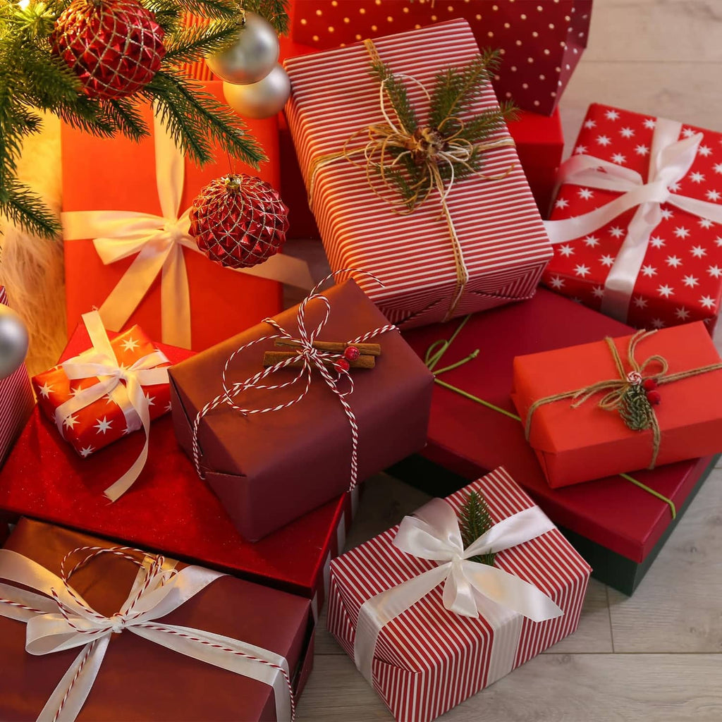 Faux suede leather cord tied as ribbon on wrapped gift boxes