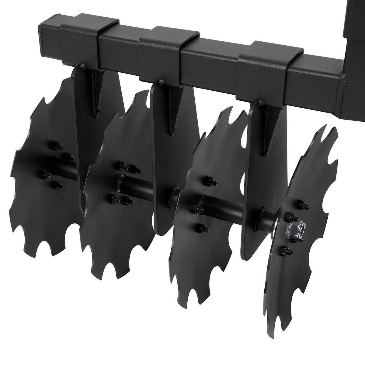 Close-up of disc harrow blade arms with black notched steel discs