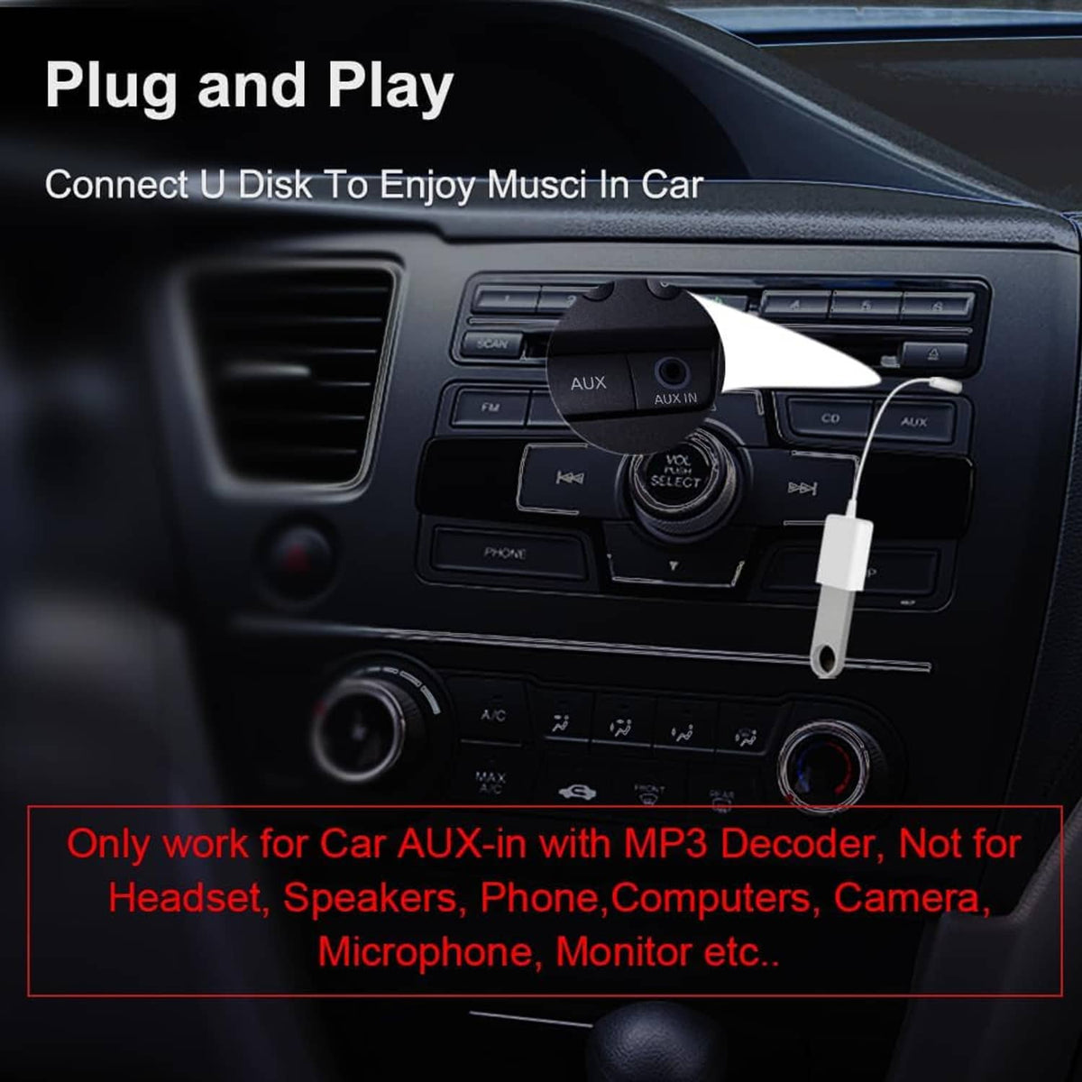 White AUX-to-USB adapter cable plugged into a car AUX port with USB-A female end