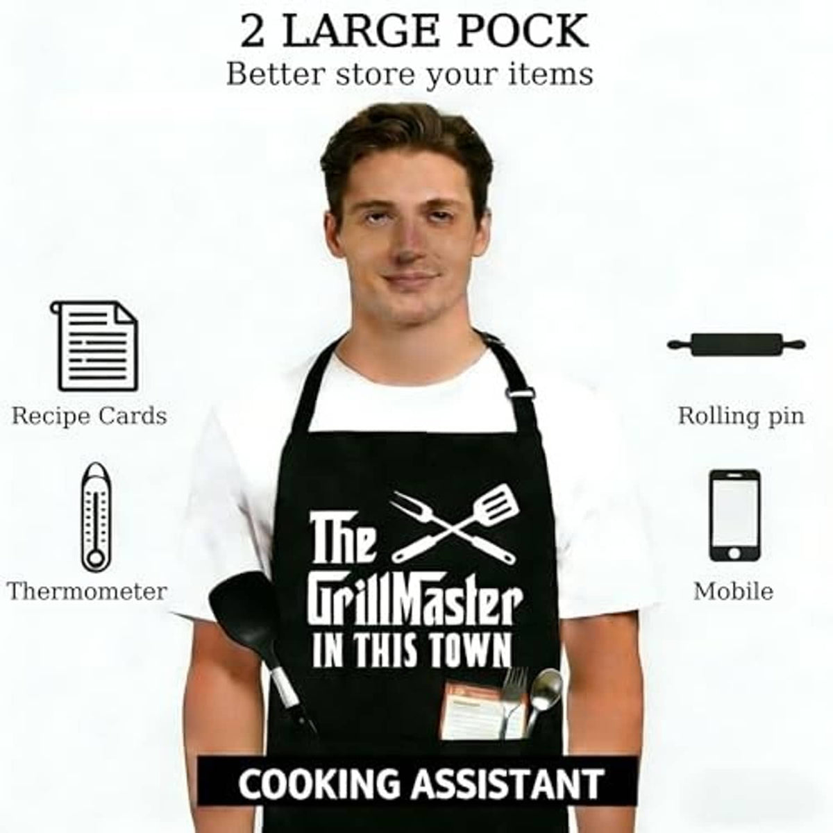 Black grilling apron with two large front pockets and grill-themed logo graphic.