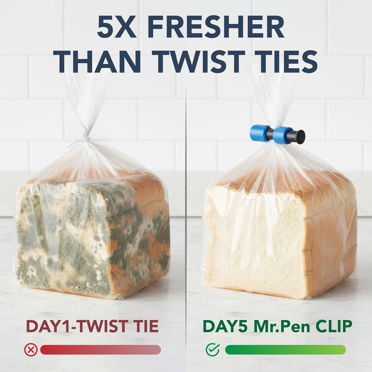 Bread loaf sealed with a bag clip; twist-tie seal shown for comparison